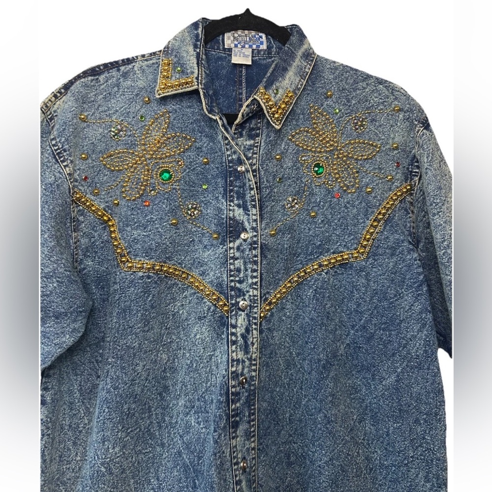 VTG 80’s Short Sleeve Acid Wash Denim Beaded & Embellished Button Up Shirt M - Picture 9 of 11
